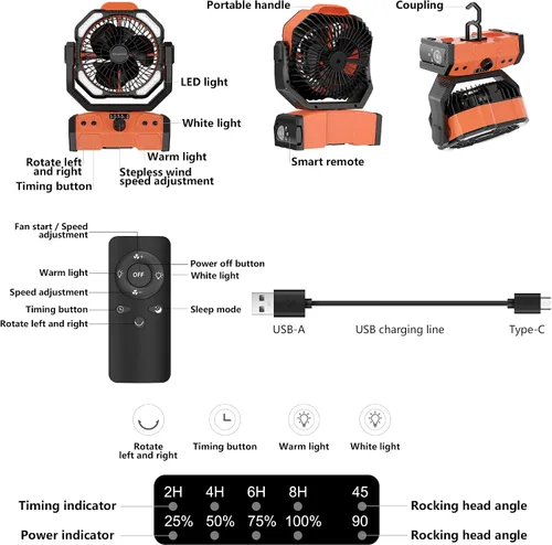 Miniatura 8 de Easywave Ventilador de camping con linterna LED: tienda de campaña de 20000 mAh recargable con batería para exteriores, ventilador oscilante