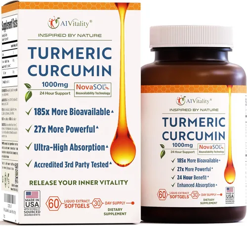 A1 Vitality - Suplementos NovaSOL de curcumina de cúrcuma, 1000 mg más potentes que la bioperina, inflamación, alivio del dolor articular, 185 veces