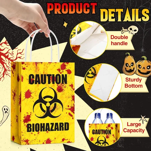 Miniatura 6 de TaoBary 24 bolsas de regalo de Halloween de peligro biológico de Halloween, bolsas de regalo de papel con asas, temática de zombies, recuerdos