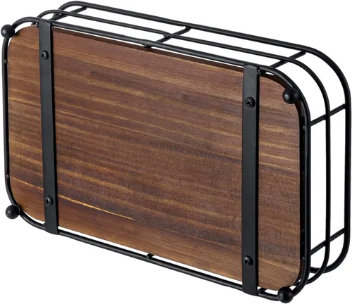 Miniatura 7 de MyGift Toallero de papel plegado para baño, alambre de metal negro mate y madera maciza rústica marrón oscuro, accesorios de baño, bandeja de tocador