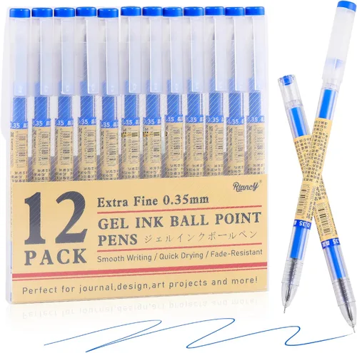 Paquete de 12 bolígrafos de tinta de gel azul, punta extrafina de 0.014 in, papelería de estilo japonés, secado rápido, sin mancha, sin sangrado,