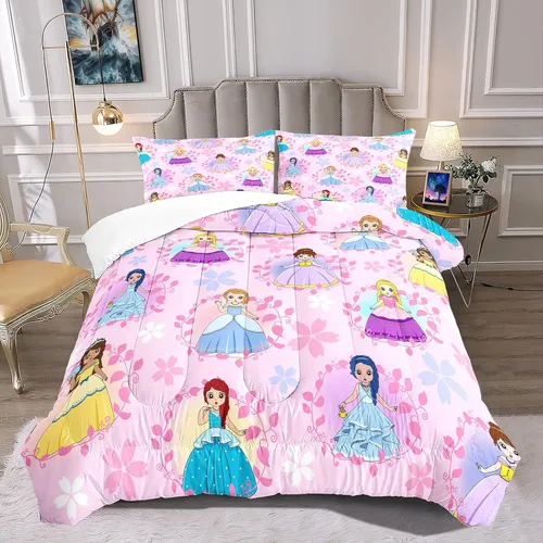 Miniatura 3 de Juego de edredón de princesa tamaño matrimonial para decoración de dormitorio de niñas, juego de edredón rosa con 2 fundas de almohada, bonito juego