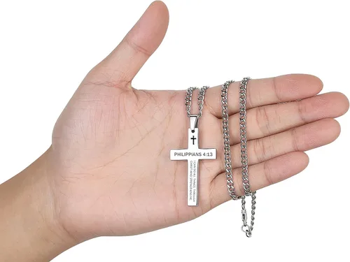 Miniatura 6 de Collar inspirador de cruz con versículo bíblico para hombres y niños, collar con colgante de cruz de plata negra lisa de acero inoxidable