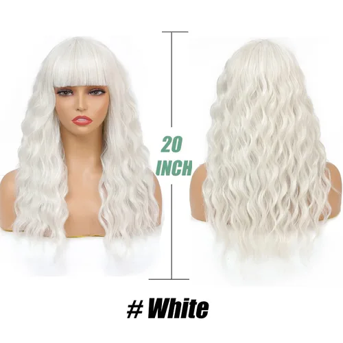 Miniatura 2 de SOKU Peluca blanca con flequillo de aire, pelucas cortas estilo Bob para mujer, 20 pulgadas de largo, cabello blanco ondulado, peluca de disfraz