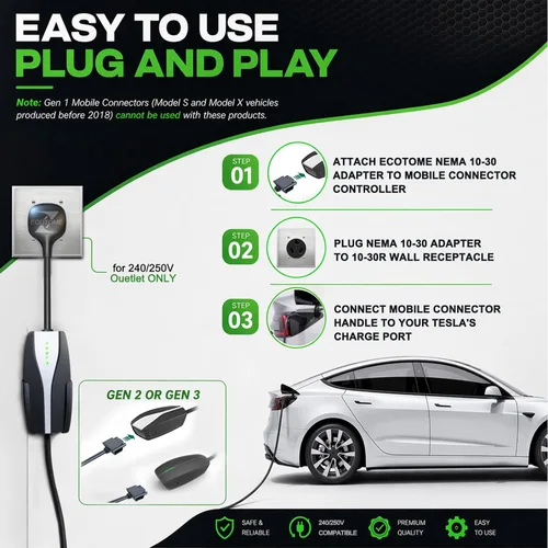 Miniatura 2 de Adaptador NEMA 10-30 para Cargador Móvil Tesla Gen 2 y 3, para Toma de 240V, 24 Amperios, Compatible con Modelo 3, Y, X, S, Ideal para Viajes por