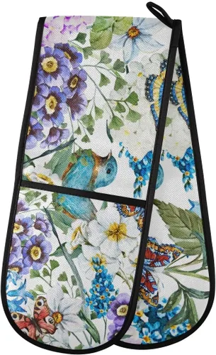 ZZXXB Spring Bird - Guantes de cocina dobles con diseño floral de mariposa, resistentes al calor, antideslizantes, extra largos de 7 x 35 pulgadas