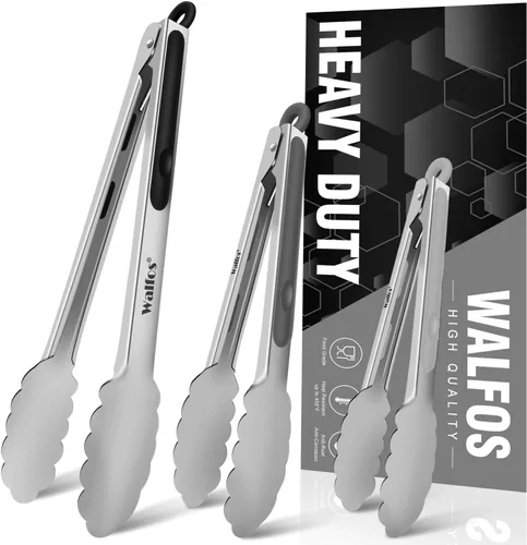 Miniatura 13 de Walfos Pinzas de cocina de acero inoxidable – Pinzas de metal de bloqueo resistentes de 7, 9 y 12 pulgadas para cocinar, asar a la parrilla, juego