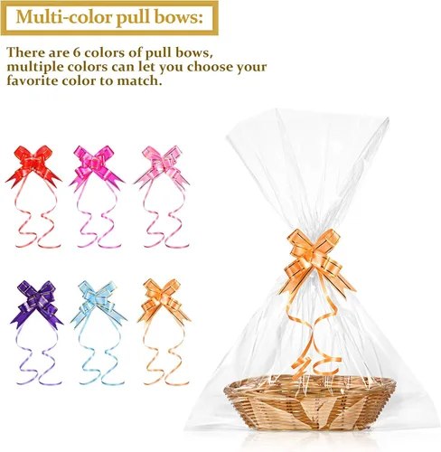 Miniatura 5 de Jetec 12 piezas de cestas para regalos vacías, canasta tejida de 9 x 6 x 2.24 pulgadas con 60 lazos de tirar coloridos y 30 bolsas transparentes