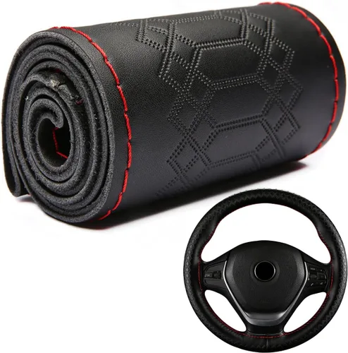 Funda para volante de automóvil, ajuste universal, punto redondo, funda fina de piel sintética cosida en volante de automóvil de 15 pulgadas (negro)