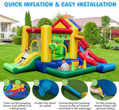 Miniatura 11 de BOUNTECH Casa inflable de rebote con pozo de bolas, castillo animoso 7 en 1 con toboganes dobles para niños pequeños a partir de 3 años, casa