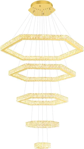 Miniatura 9 de Lámpara de araña moderna de 5 anillos de oro larga de cristal para techo alto, forma de altura ajustable, regulable 8 pulgadas + 16 pulgadas + 24
