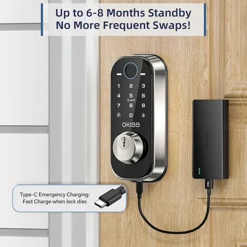 Miniatura 7 de Cerradura de puerta con huellas dactilares para puerta principal incorporada Wi-Fi OKIBB, cerradura inteligente de entrada sin llave con APP