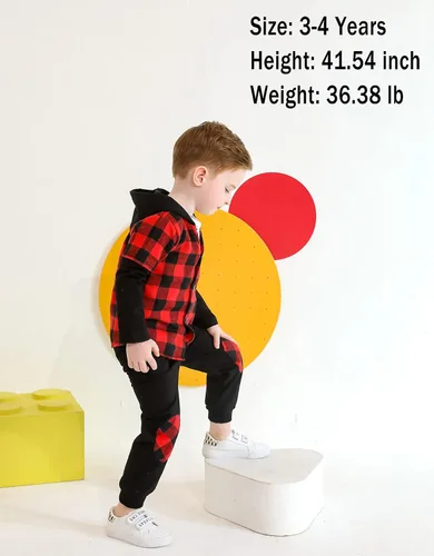 Miniatura 9 de YOUNGER TREE Conjunto de sudadera con capucha para niños pequeños, conjunto de camisa de franela a cuadros para otoño, invierno y primavera