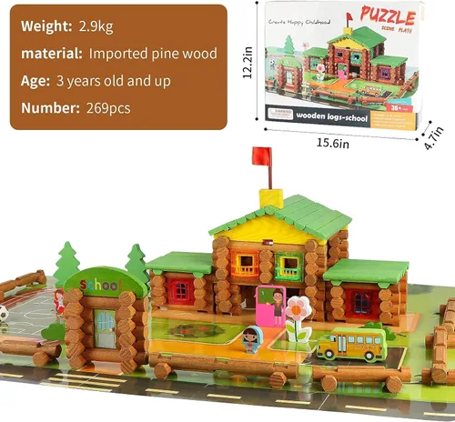 Miniatura 5 de Wondertoys Juego de troncos de madera real de 269 piezas a partir de 3 años, juego de regalo clásico de troncos de construcción para niños y niñas