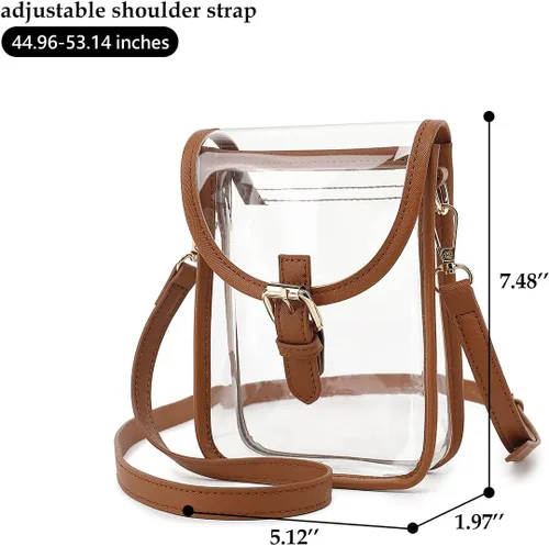 Miniatura 2 de FAIME Pequeña bolsa transparente aprobada para estadios, bolsa cruzada transparente para teléfono celular con correa ajustable para conciertos Marrón