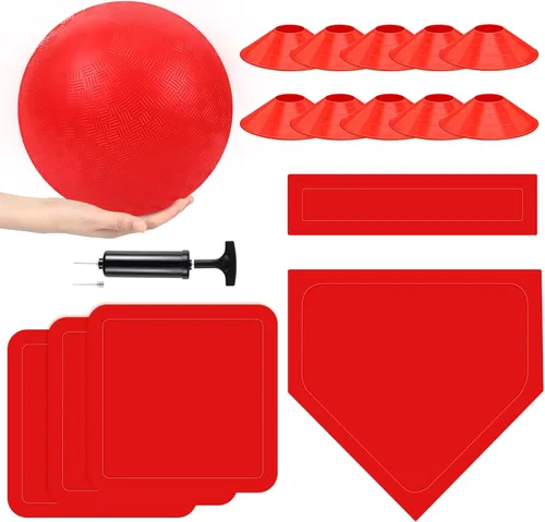 Miniatura 7 de Hiboom Juego de 16 piezas de kickball deportivo que incluye bola de parque infantil de 10 pulgadas, 5 bases de goma, bomba de bola, 10 conos