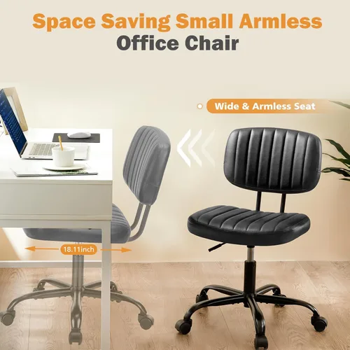 Miniatura 6 de Sweetcrispy Silla pequeña de escritorio de oficina, piel sintética sin brazos con cómodo soporte lumbar, altura ajustable para no tener brazos