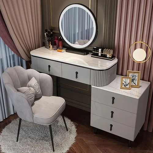 Miniatura 14 de Juego de tocador grande con luces LED, mesa de tocador de maquillaje con gabinete ajustable y taburete acolchado, 3 modos de iluminación, tocador