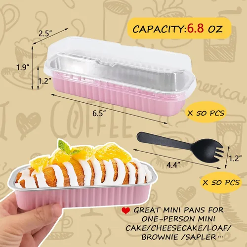 Miniatura 2 de LNYZQUS Mini moldes para pan con tapas, paquete de 50 moldes rectangulares de papel de aluminio de 6.8 onzas, recipientes de latas, moldes Rosa