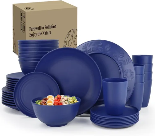 Miniatura 21 de Homienly Juego de vajilla de paja de trigo, 20 piezas de vajilla ligera irrompible, apta para microondas y lavavajillas, tazones, tenedores, Beige
