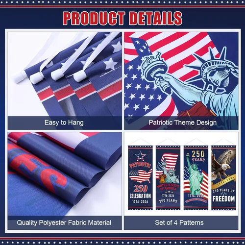 Miniatura 3 de Panelee 4 pancartas decorativas para el 250 aniversario de la bandera patriótica de Estados Unidos, para porche, telón de fondo colgante para el Día