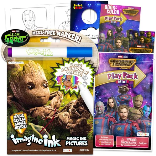 Groot - Libros para colorear para niños de 4 a 8 años, paquete con Guardianes de la Galaxia sin desorden Imagine Ink Coloring Book Plus Play Pack
