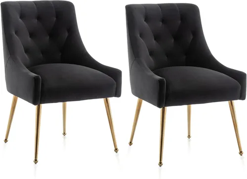 Miniatura 13 de Juego de 2 sillas de comedor, sillas de comedor modernas de terciopelo con patas doradas, elegantes sillas decorativas acolchadas para recepción