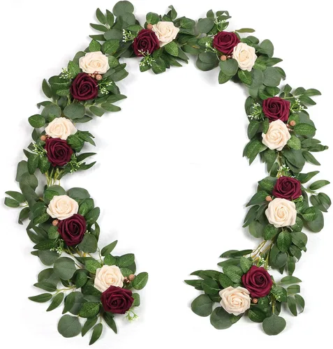 Miniatura 9 de PONATIA Guirnalda de Rosas Artificiales de Color Borgoña de 5 Pies Hecha a Mano, Flores Rosa Empolvado para Ceremonia de Boda, Guirnaldas de Telón