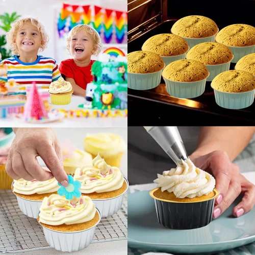 Miniatura 5 de Moldes desechables dorados, 30 unidades, 5 onzas, mini tazas de aluminio para hornear con tapas, forros para cupcakes de crema brulee, moldes