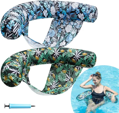 FindUWill Inflatable Pool Floats Chairs, 2-Pack Comfortable Fabric Covered Pool Chairs with Sling, Stable Swimming Noodles Seats for Adults, Summer