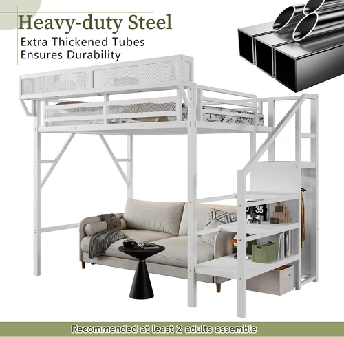 Miniatura 8 de Mirightone - Cama alta tamaño individual con escaleras y almacenamiento, base de cama de metal, estante de noche y gran espacio debajo, resistentes