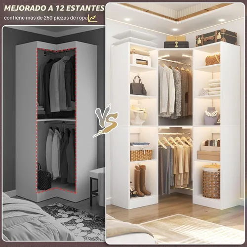 Miniatura 3 de Besiost Sistema de armario esquinero con 12 estantes, sistema organizador de armario de esquina de 39.2 pulgadas con 2 varillas para colgar, Blanco