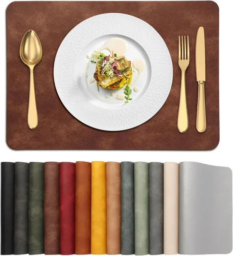 Miniatura 27 de UnivoColors Juego de 4 manteles individuales de cuero de vaca lavado con patrón PU, resistentes al calor, para mesa de cocina, impermeables, Marrón
