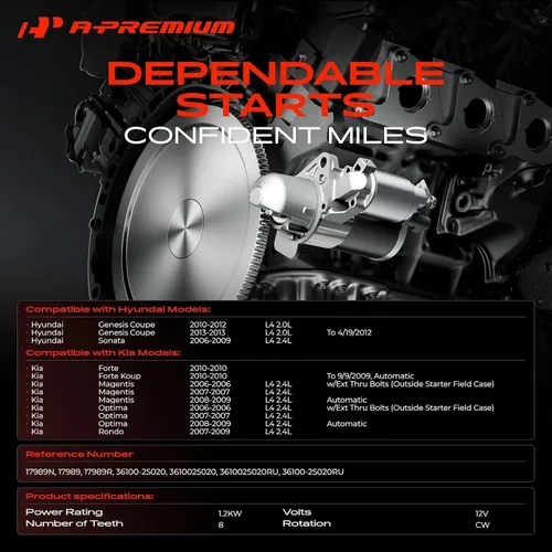 Miniatura 2 de A-Premium Motor de arranque compatible con Hyundai Sonata 06-09 y Kia Magentis, Optima 06-09, Forte Koup 10, 2.0L 2.4L, 12V 1.2KW 8 dientes