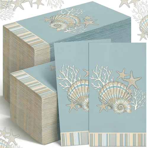 Miniatura 14 de Jetec 100 servilletas de papel de playa costeras para baño, desechables, para invitados, náutico, océano, mar, azul, estrella de mar, toallas