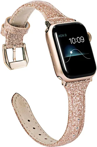 Wearlizer - Correa de repuesto de piel fina con purpurina compatible con correas de Apple Watch de 1.496 in, 1.575 in, 1.654 in, 1.732 in, para