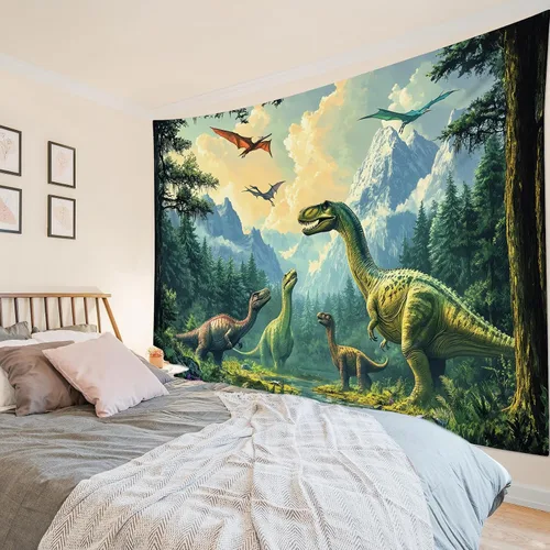 Miniatura 5 de HVEST Tapiz de dinosaurio salvaje y antiguo depredador para colgar en la pared, bosque tropical con árboles verdes y montañas, tapices de pared