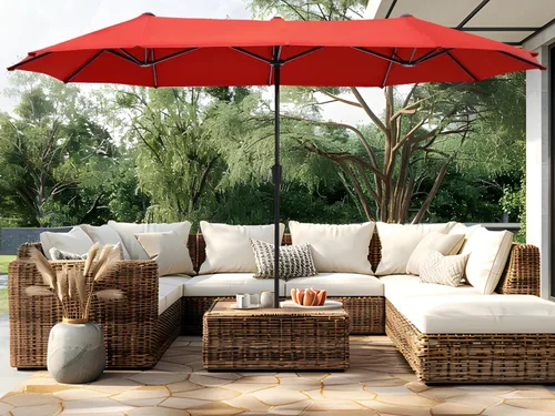 Miniatura 8 de PHI VILLA Sombrilla Grande de Patio de 13 Pies de Doble Cara Gemela para Mercado Exterior con Manivela, Beige
