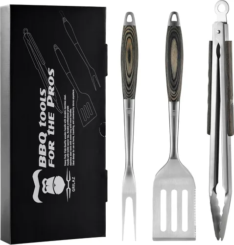 Miniatura 9 de Grilaz Juego de herramientas para barbacoa de acero inoxidable Mangos de madera teñida oscura Accesorios de parrilla para trabajo pesado Juego