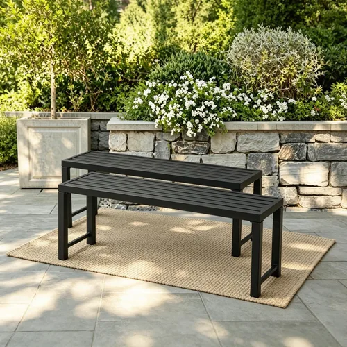 Black Outdoor Bench, Outdoor Metal Backless Bench Set of 2, 46" Patio Garden Bench for Outdoor, All Wheather Outdoor Bench for Garden, Backyard,
