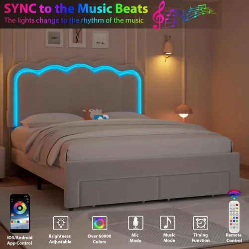 Miniatura 5 de Base de cama LED tapizada tamaño matrimonial con 2 cajones de almacenamiento y cabecera doble ondulada ajustable, cama de plataforma de terciopelo