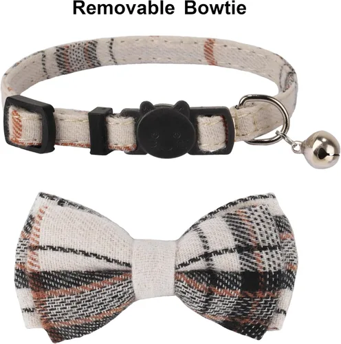 Miniatura 4 de ADOGGYGO Collares de Gato a Cuadros Breakaway con Campana de Lazo, Corbata de Moño Extraíble, Paquete de 2 Collares de Lazo a Cuadros Beige Azul