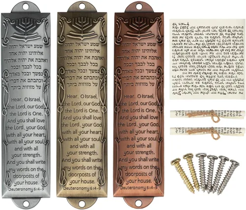 Mezuzah - Juego de 3 mezuzá judía con bendición de casa en inglés/hebreo, cajas de metal con pergaminos no kosher, oro, plata, bronce