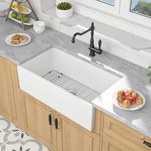 Miniatura 16 de Mocoloo Fregadero de cocina de granja blanco 33 – Fregadero plano de estilo rústico de 33 x 20 x 10 pulgadas, fregadero plano de estilo rústico