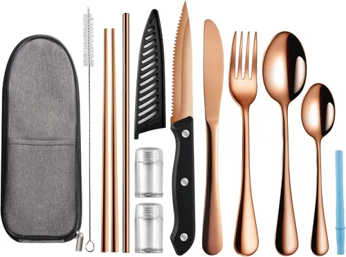 Miniatura 11 de Logcow Utensilios de viaje con estuche, utensilios reutilizables, juego de cubiertos portátiles de viaje para camping, juego de cubiertos de acero