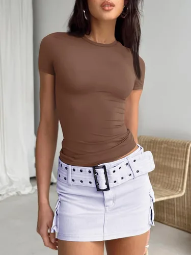 Miniatura 3 de Trendy Queen Camisetas básicas para mujer, cuello redondo, manga corta, lindas camisetas de verano, ajustadas, ropa Y2K
