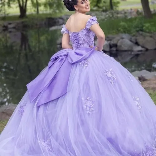 Miniatura 4 de XYAYE Vestido de quinceañera con cuentas de encaje con hombros descubiertos para mujer, vestido de fiesta con flores 3D hinchadas, dulces 15 16