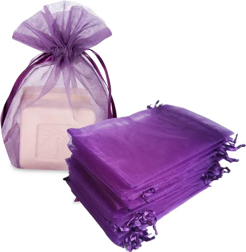 Bolsa de regalo de organza con cordón de 50 unidades para joyas, flores secas de lavanda, tela transparente de 4 x 6 pulgadas, bolsa de gasa morada