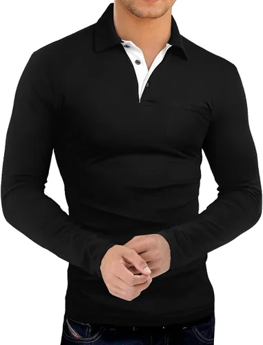 Miniatura 2 de KUYIGO Camisa polo de manga corta y larga para hombre, casual, ajustada, lisa, suave, con botones, de algodón, con cuello