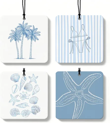 Miniatura 8 de Blue Coastal Beach Orange Car Air Freshener 4 Pcs, Summer Blue Bikini Starfish Palm Tree Round Hanging Air Freshener for Cars Closet Drawer Books